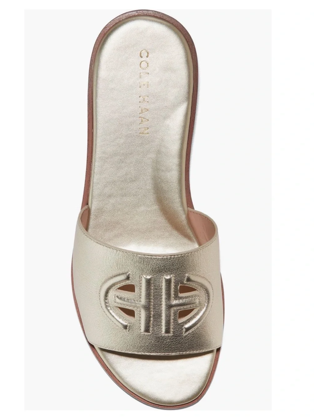 NEW IN BOX COLE HAAN FLYNN LEATHER GOLD LOGO SLIDE SANDAL SIZE 9B